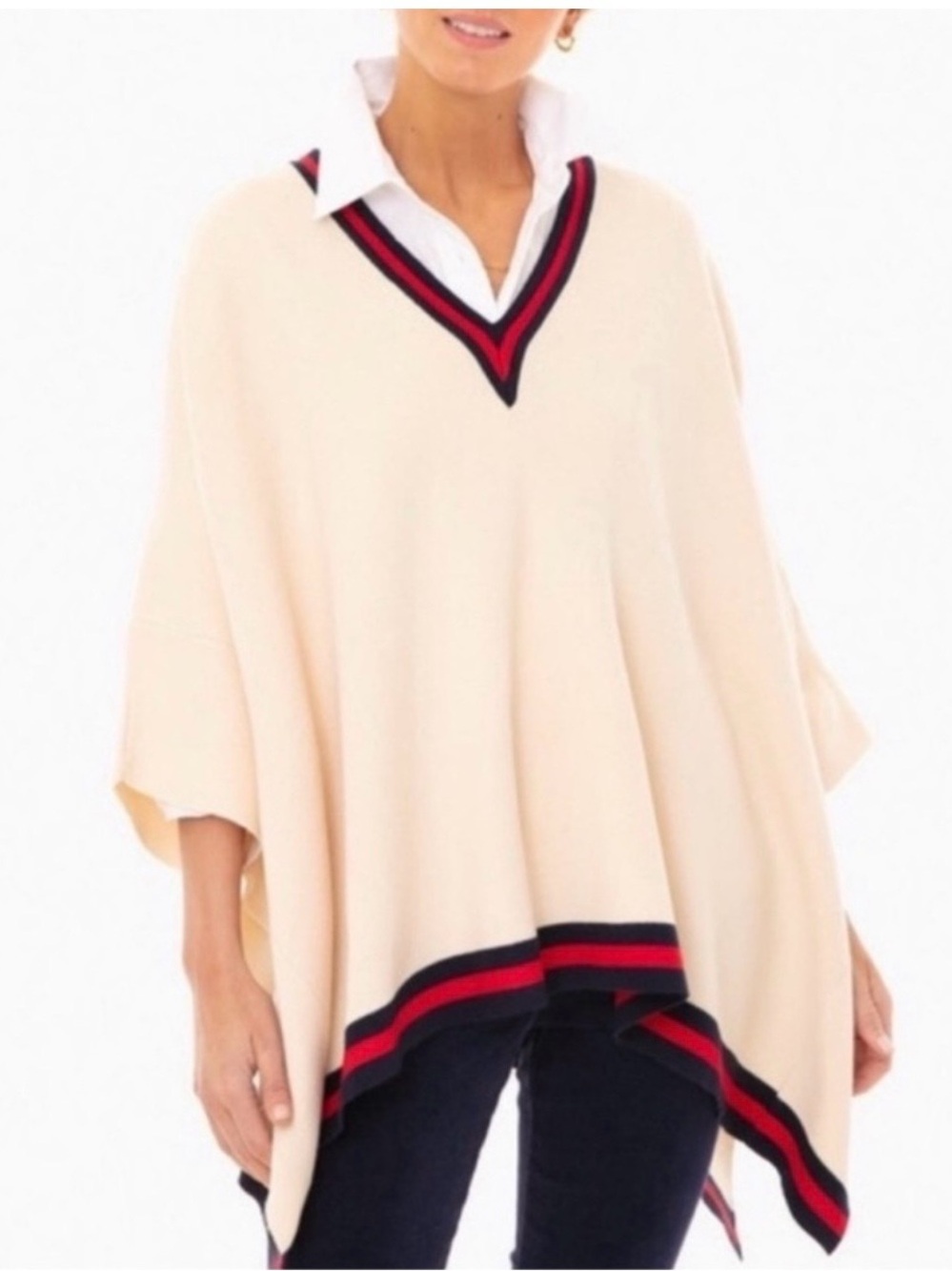 Tuckernuck Cream V-Neck Poncho with Red & Black Stripe Trim